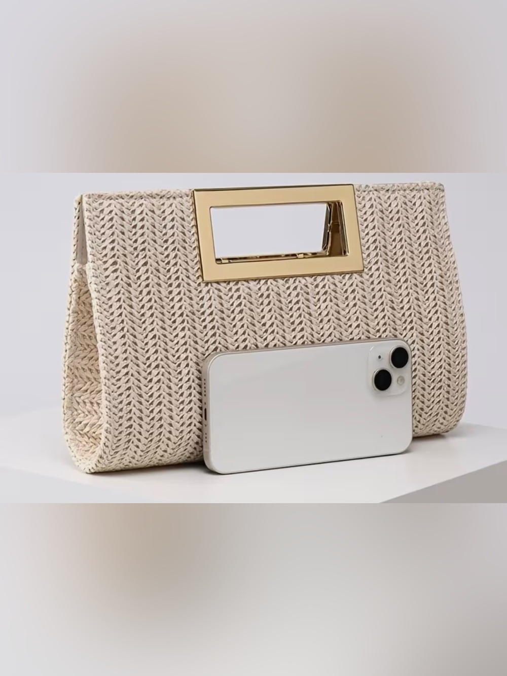 Woven Beige Knit Clutch with Gold Accent - Picture 3 of 7